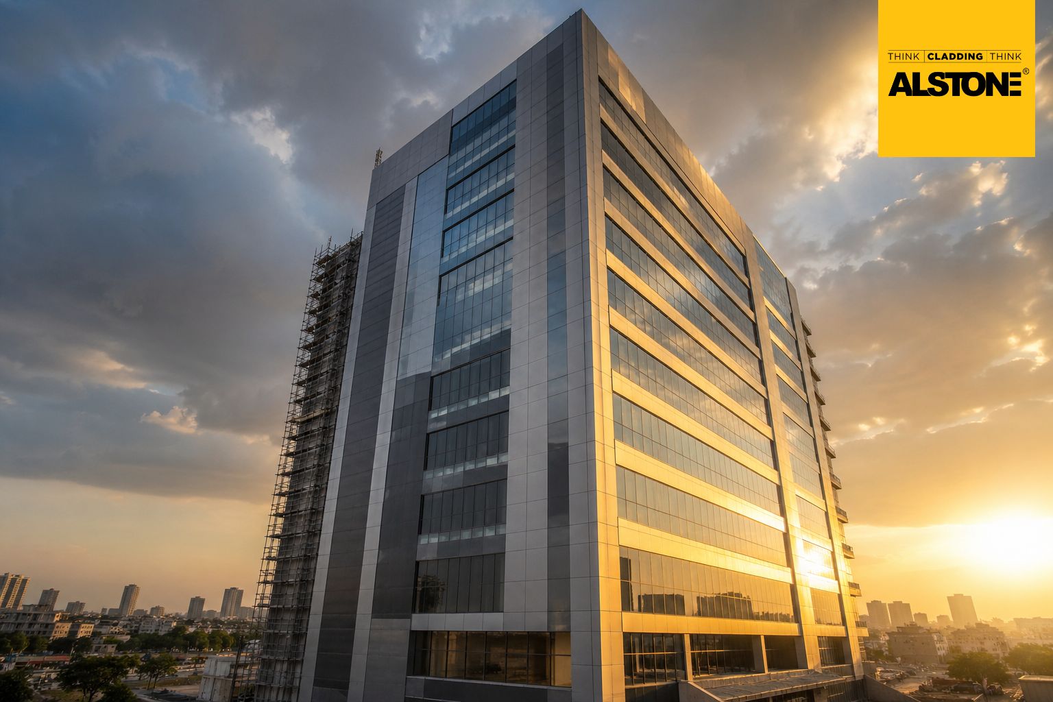 Modern 20-storey commercial building with ACP sheet cladding facade in Hyderabad India during golden hour